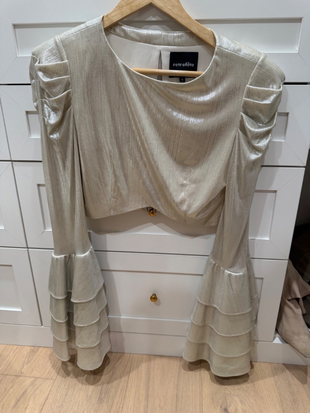 Retrofete Champagne Metallic Tiered Bell Sleeve Crop Top Puff Shoulder S